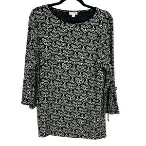 J. Jill Boho Floral 3/4 Bell Sleeve Boat Neck Cotton Modal Tunic Top Large Black